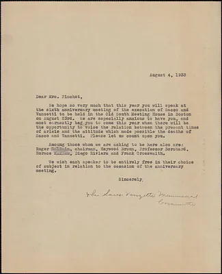 Sacco-Vanzetti Defense Committee typed letter (copy) to [Cornelia B.] Pinchot, [Boston, Mass.], August 4, 1933