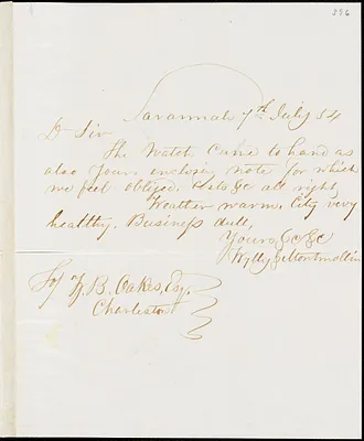 Wylly & Montmollin, Savannah, Ga., manuscript letter signed to Ziba B. Oakes, 7 July 1854