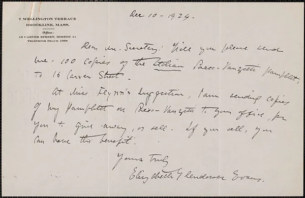 Elizabeth Glendower Evans autograph note signed to [Sacco-Vanzetti Defense Committee], Brookline, Mass., December 10, 1924