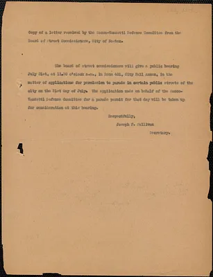 Joseph F. Sullivan typed note (copy) to Sacco-Vanzetti Defense Committee, Boston, Mass., [July 1927]