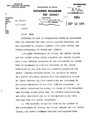 Telegram from Secretary of State George Marshall to United States Embassy in Moscow