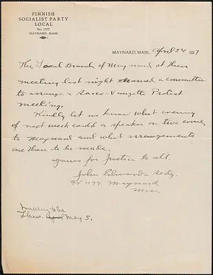 John Edwards (Finnish Socialist Party Local) autograph note signed to Sacco-Vanzetti Defense Committee, Maynard, Mass., April 24, 1927