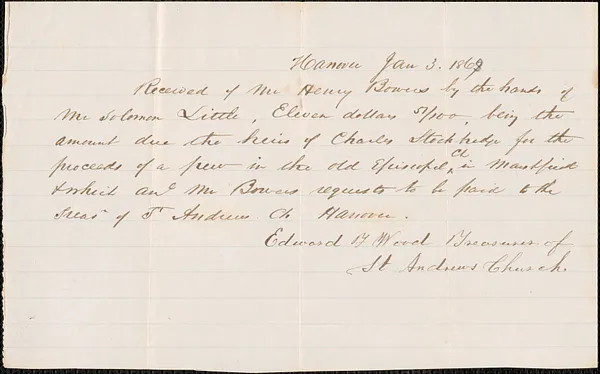 Receipt of payment for sale of Charles Stockbridge's title to Trinity Church in Marshfield