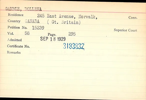 Fairfield County Superior Court and Fairfield County Court of Common Pleas, Index to Records of Naturalization, 1839-1955, Gamble-Gerew