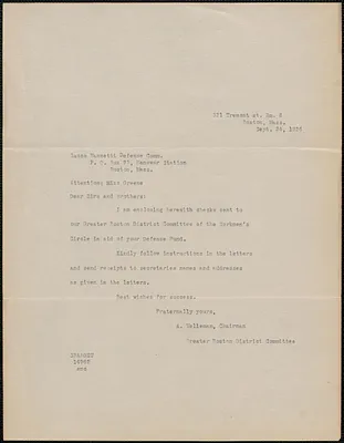 Aaron Vellman (Workmen's Circle, Greater Boston District Council) typed letter to Sacco-Vanzetti Defense Committee, Boston, Mass., September 24, 1926