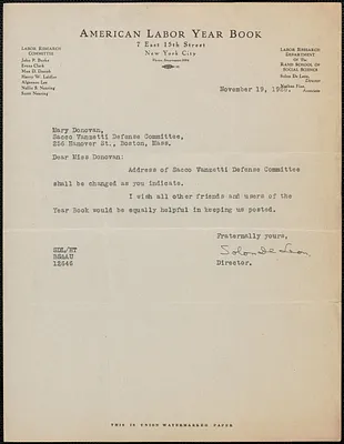 Solon De Leon (American Labor Year Book) typed note signed to Mary Donovan, New York, N.Y., November 19, 1926