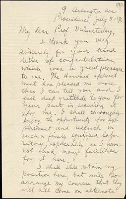 Delabarre, Edmund Burke, 1863-1945 autograph letter signed to Hugo Münsterberg, Providence, R.I., 8 July 1896