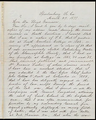 Letter from J. C. Winsmith, Spartanburg, So[uth] Ca[rolina], to William Lloyd Garrison, March 29, 1877