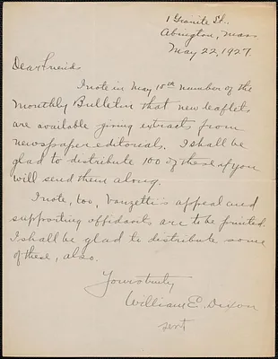 William E. Dixon autograph letter signed to Sacco-Vanzetti Defense Committee, Abington, Mass., May 22, 1927