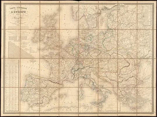 Carte itinéraire de l'Europe indiquant les limites actuelles des etats