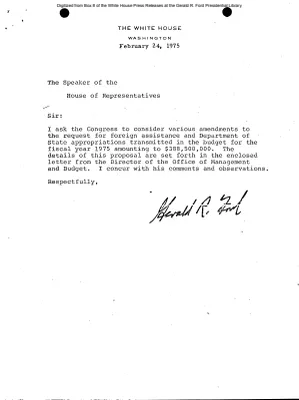 Letter from President to the Speaker of the House of Representatives regarding various amendments to the request for foreign assistance and Department of State appropriations transmitted in the budget for the fiscal year 1975