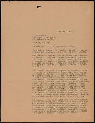 Sacco-Vanzetti Defense Committee typed letter (copy) to J. S. Graham, Boston, Mass., May 2, 1923