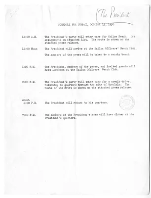 Memorandum, Schedule for President Harry S. Truman, with Related Material