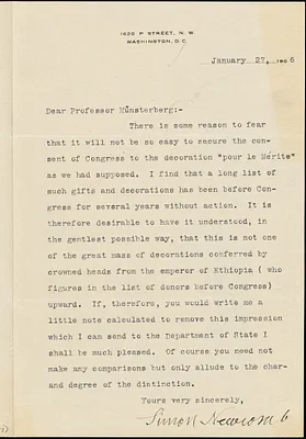 Newcomb, Simon, 1835-1909 typed letter signed to Hugo Münsterberg, Washington, 27 January 1906