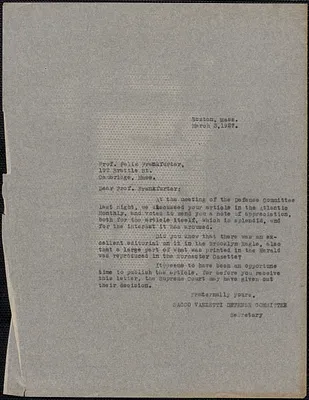 Joseph Moro (Sacco-Vanzetti Defense Committee) typed letter (copy) to Felix Frankfurter, Boston, Mass., March 3, 1927
