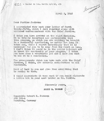 Correspondence Between President Harry S. Truman and Justice Robert Jackson, with Related Material