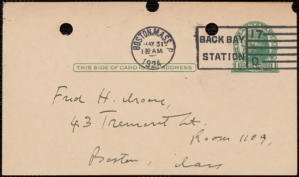 E[lizabeth] G[lendower] Evans autograph note signed (postcard) to Fred M. Moore, Boston, Mass., May 31, 1924