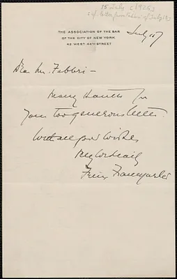 Felix Frankfurter autograph note signed to Amleto Fabbri, New York, N.Y., July 15, [1926]