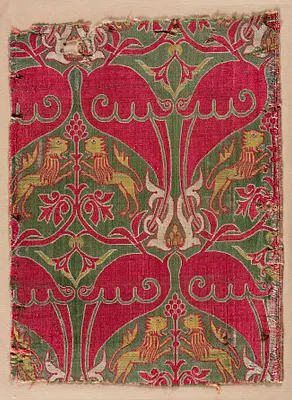 Lampas with rampant lions, palmettes, and escutcheons