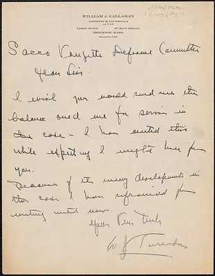 William J. Callahan autograph note signed to Sacco-Vanzetti Defense Committee, Brockton, Mass., [May? 1?, 1927]