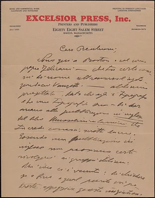 [Armando] Borghi autograph letter signed, in Italian, to Emilio Recchioni, Boston, Mass., [1920-1927]