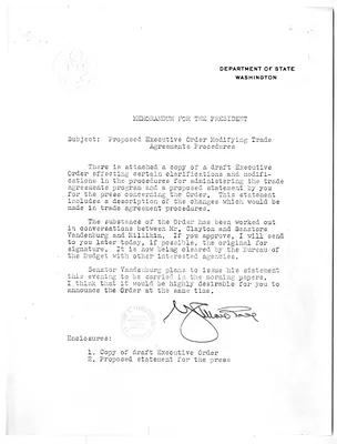 Memorandum from Secretary of State George Marshall to President Harry S. Truman, with Attachment