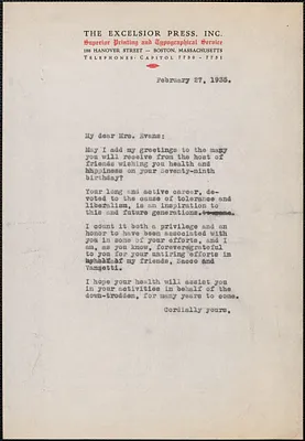 [Aldino Felicani] typed letter signed to [Elizabeth Glendower] Evans, Boston, Mass., February 27, 1935