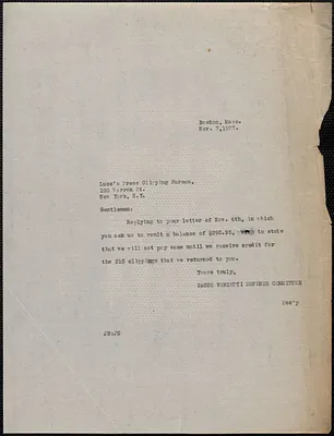 Joseph Moro (Sacco-Vanzetti Defense Committee) typed note to Luce's Press Clipping Bureau, Boston, Mass., November 7, 1927