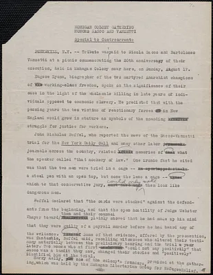 Countrecorrente typescript of article, [Boston, Mass., August-September 1947]: Mohegan Colony gathering honors Sacco and Vanzetti