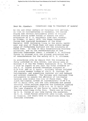 President's Letter to the Speaker of the House concerning Cambodia