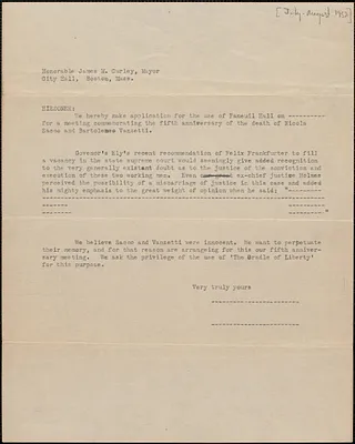 [Sacco-Vanzetti Defense Committee] typed letter to James M. Curley, Boston, Mass., [July-August 1932]