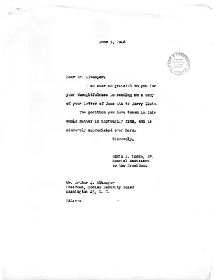 Letter from Edwin Locke, Jr. to Arthur J. Altmeyer
