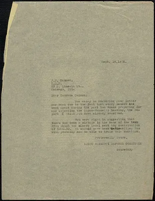 Sacco-Vanzetti Defense Committee typed letter (copy) to James P. Cannon (International Labor Defense), Boston, Mass., September 18, 1926