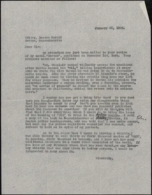 [Gardner Jackson] typed letter (copy) to Editor, The Boston Herald, [Boston, Mass.], January 22, 1929