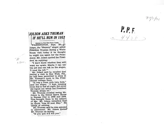 Newspaper Clipping, New York Times, "Jolson Asks Truman If He'll Run in 1952"