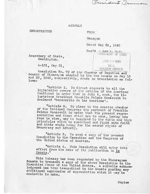 Telegram from William Fletcher Warren to Secrertary of State Edward Stettinius