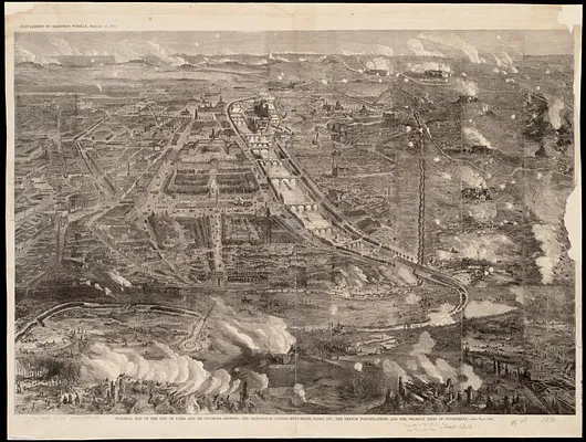 Pictorial map of the city of Paris and its environs, showing the principal buildings, monuments, parks etc., the French fortifications, and the Prussian lines of investment