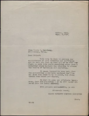 Sacco-Vanzetti Defense Committee typed letter (copy) to Louie Maude Merriam, Boston, Mass., September 8, 1927