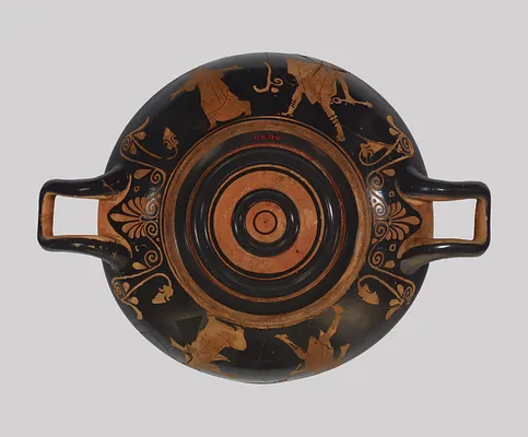 Stemless Kylix Depicting Nike and Ruler and Hermes and a Woman