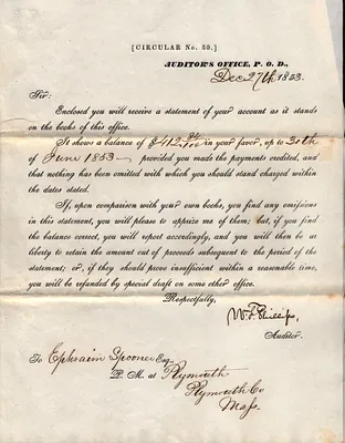 William F. Phillips (Auditor’s Office) to Ephraim Spooner (1804-1887) Dec. 27 1853