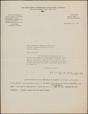 Winifred Chappell (The Methodist Federation For Social Service) typed note signed to Sacco-Vanzetti Defense Committee, New York, N. Y., September 21, 1927