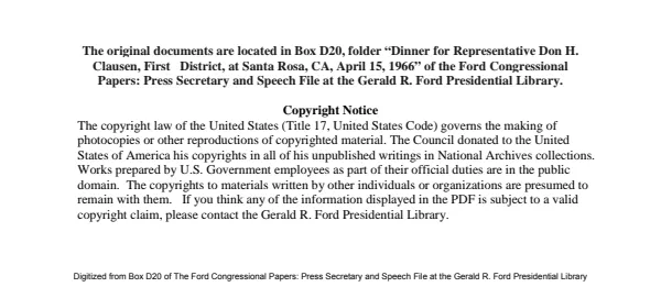 Dinner for Representative Don H. Clausen, First   District, at Santa Rosa, CA, April 15, 1966