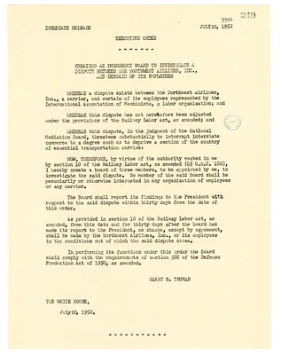 White House Press Release, Executive Order Number 10372