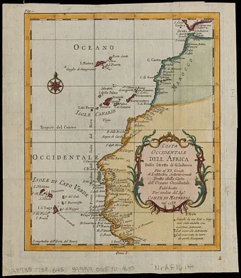 Costa occidentale dell' Africa dallo Stretto di Gibilterra fino al XI grado di latitudine settentrionale tratta dalla carta dell' Oceano Occidentale