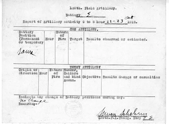 Report of Artillery Activity, Battery E, 129th Field Artillery