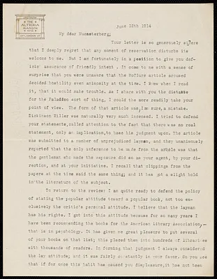 Jastrow, Joseph, 1863-1944 typed letter signed to Hugo Münsterberg, Madison, Wis., 12 June 1914