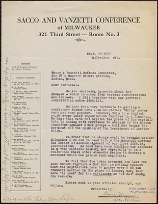 Cora Meyer (Sacco and Vanzetti Conference of Milwaukee) typed letter signed to Sacco-Vanzetti Defense Committee, Milwaukee, Wis., September 3, 1927