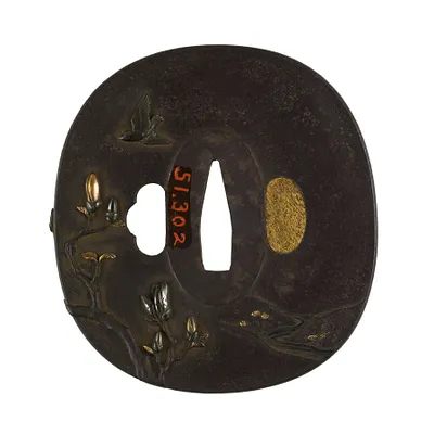 Tsuba with Blossoming Magnolia with Sparrows