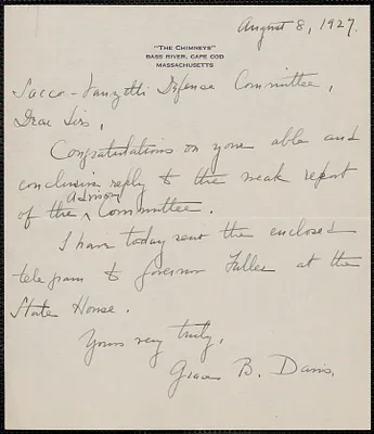 Grace B. Davis autograph note signed to Sacco-Vanzetti Defense Committee, Bass River, Cape Cod, Mass., August 8, 1927