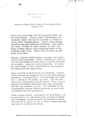 March of Dimes Birth Defects Prevention Month, January 1976 [Proclamation]